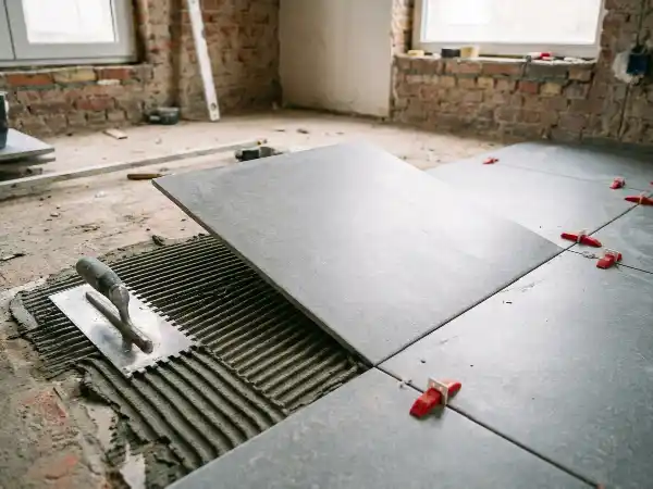 Grote keramische tegels op een lijmbed in een keuken